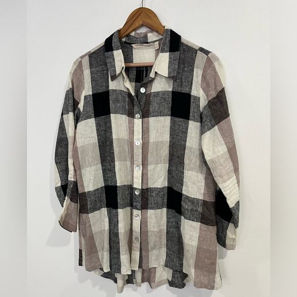 Soft Surroundings Medium Linen Blend Plaid Blouse button up Zipped Back #2BU60 - Picture 1 of 9